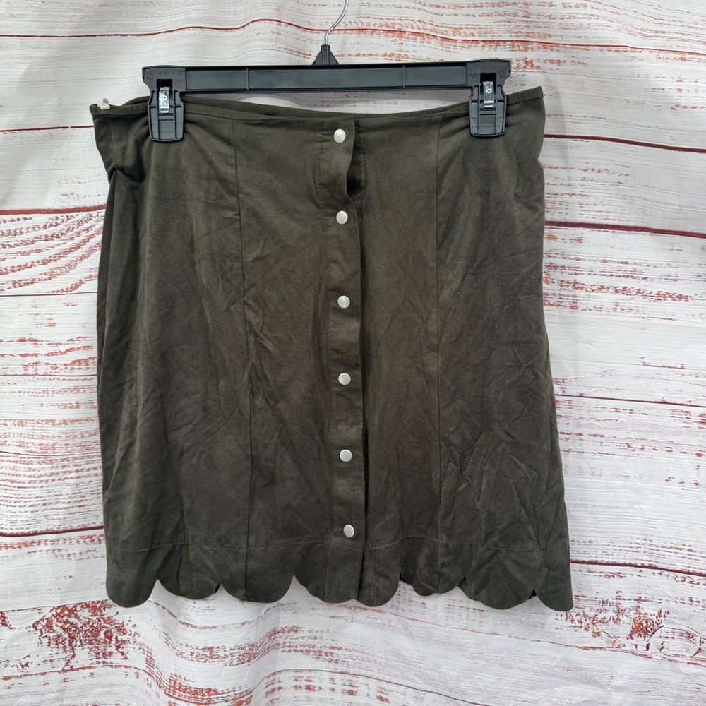 Altard State Mini Skirt Size Large Olive Green Suede Button Front Scalloped Hem